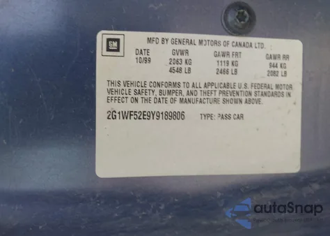 2000 Chevrolet Impala из США, поврежденный, VIN 2G1WF52E9Y9189806